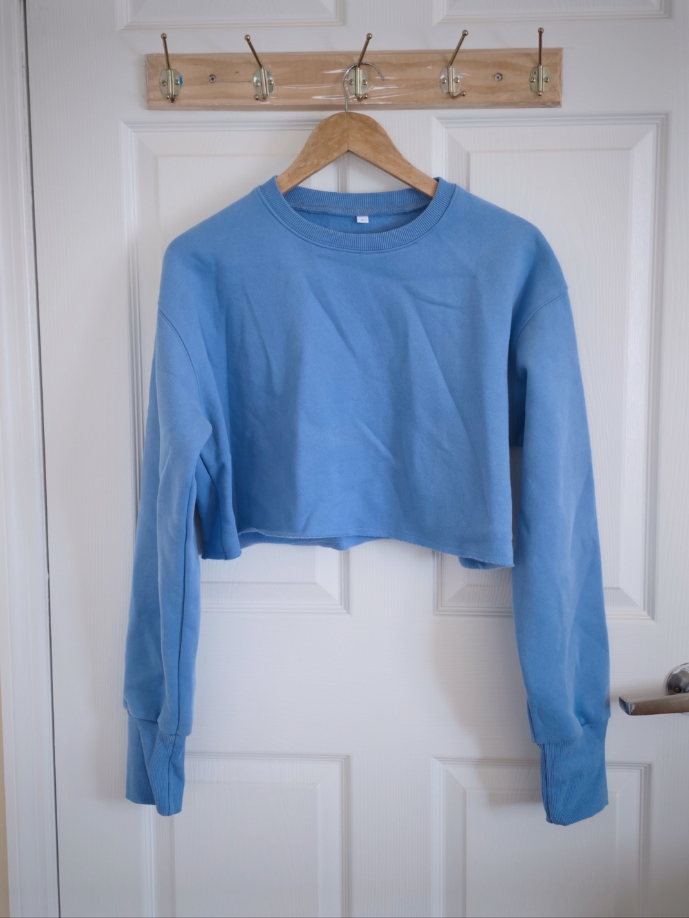 Blue Cropped Fleece Crewneck Sweatshirt with Raw Edges, Large